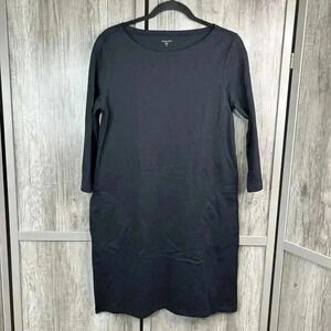 Garnet Hill Dress 10 Black Color Shift 3/4 Sleeves Pockets Organic Cotton